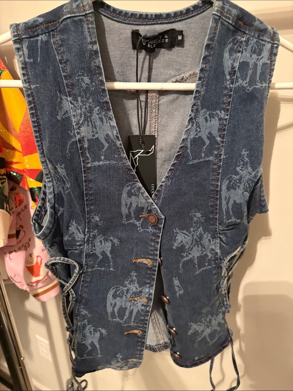 Lucky & blessed Women’s Blue Denim Vest with Horse Print - Size M
